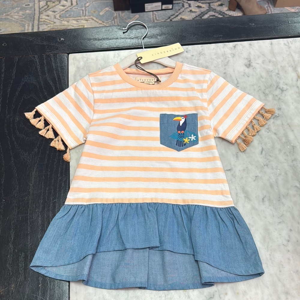 Orange and Blue Short Sleeve Tee with Ruffle Hem